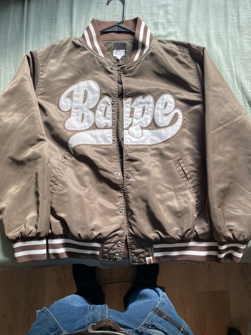 Men’s Bape Brown Puffer Jacket with White Script Logo